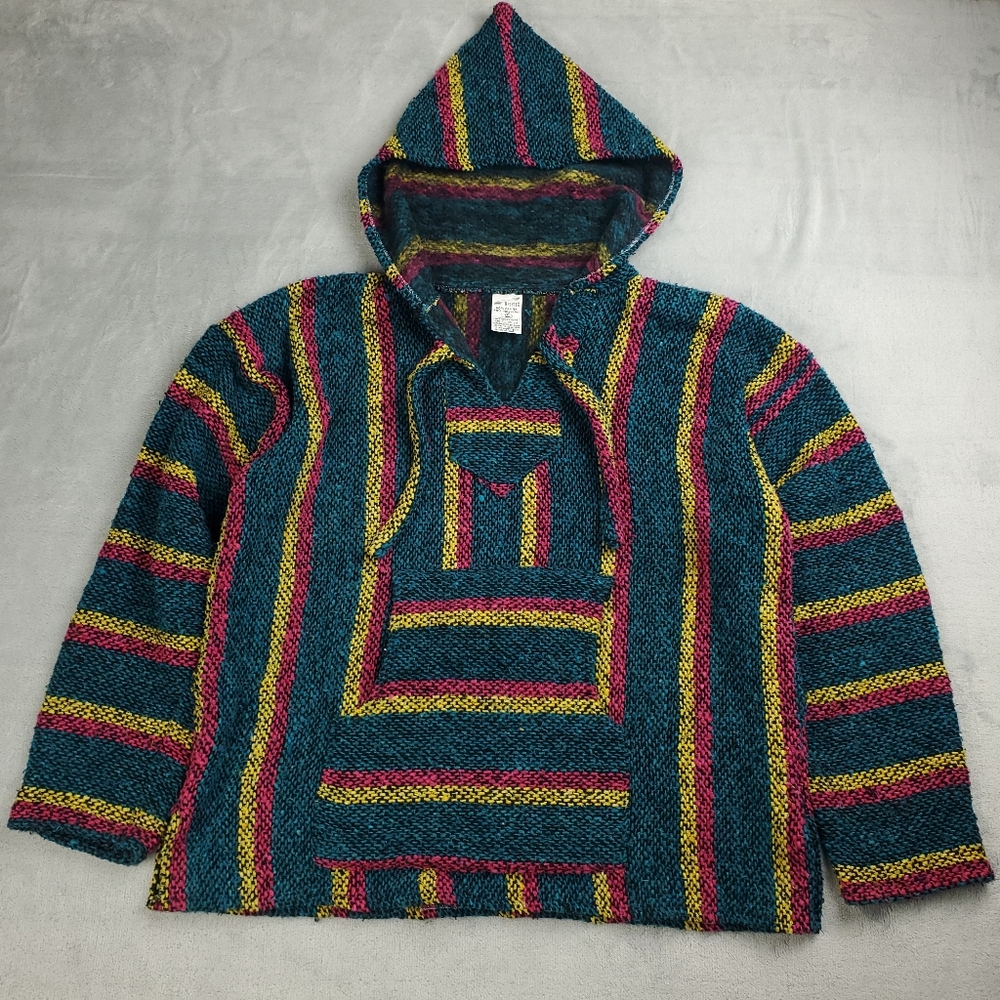 Artytex Baja Hoodie Size Medium Woven Mexico Poncho Pullover Sweatshirt Striped